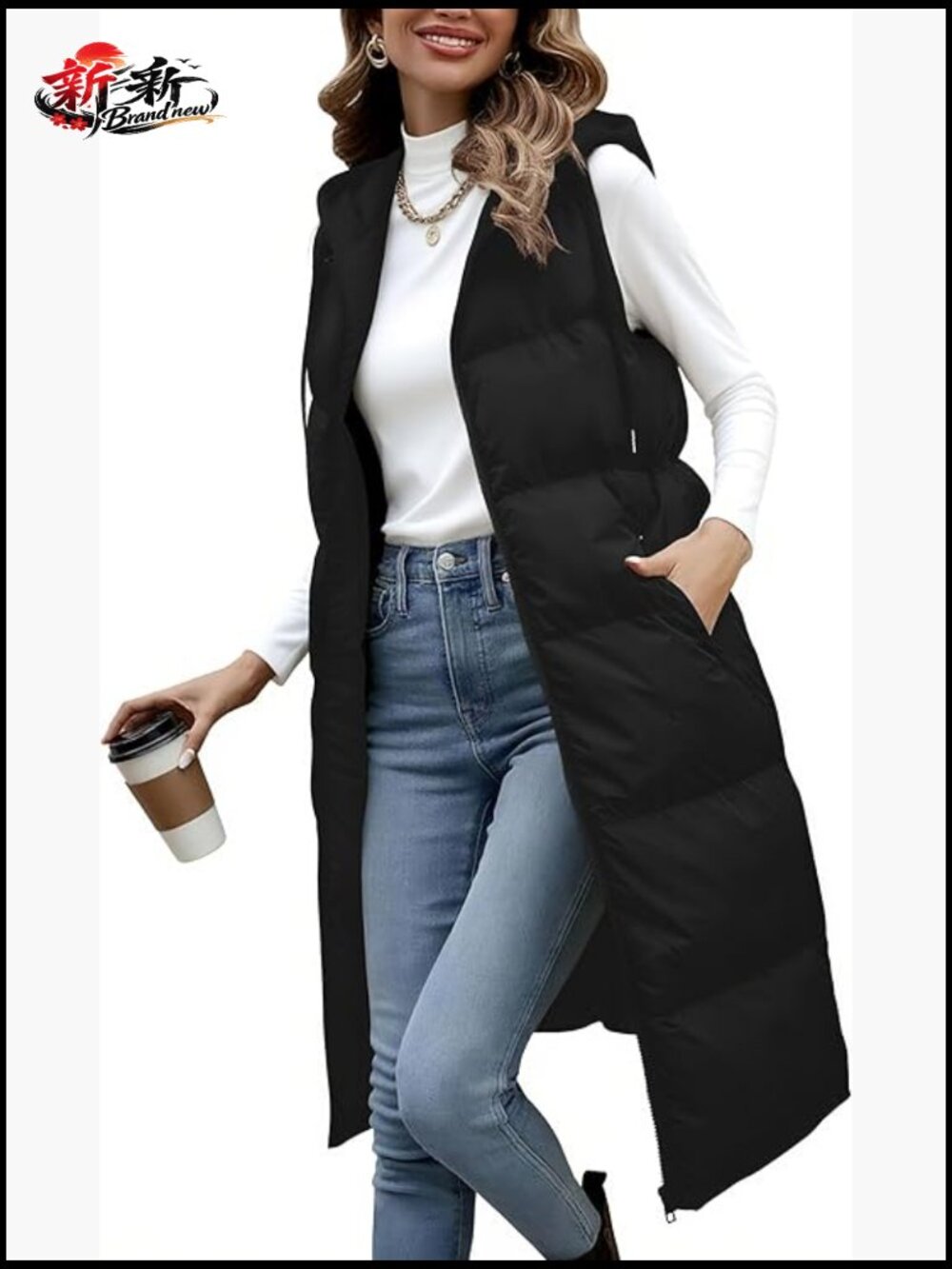 Long Puffer Vest Women Quilted Hooded Sleeveless Zip Up Coat Jacket With Pockets